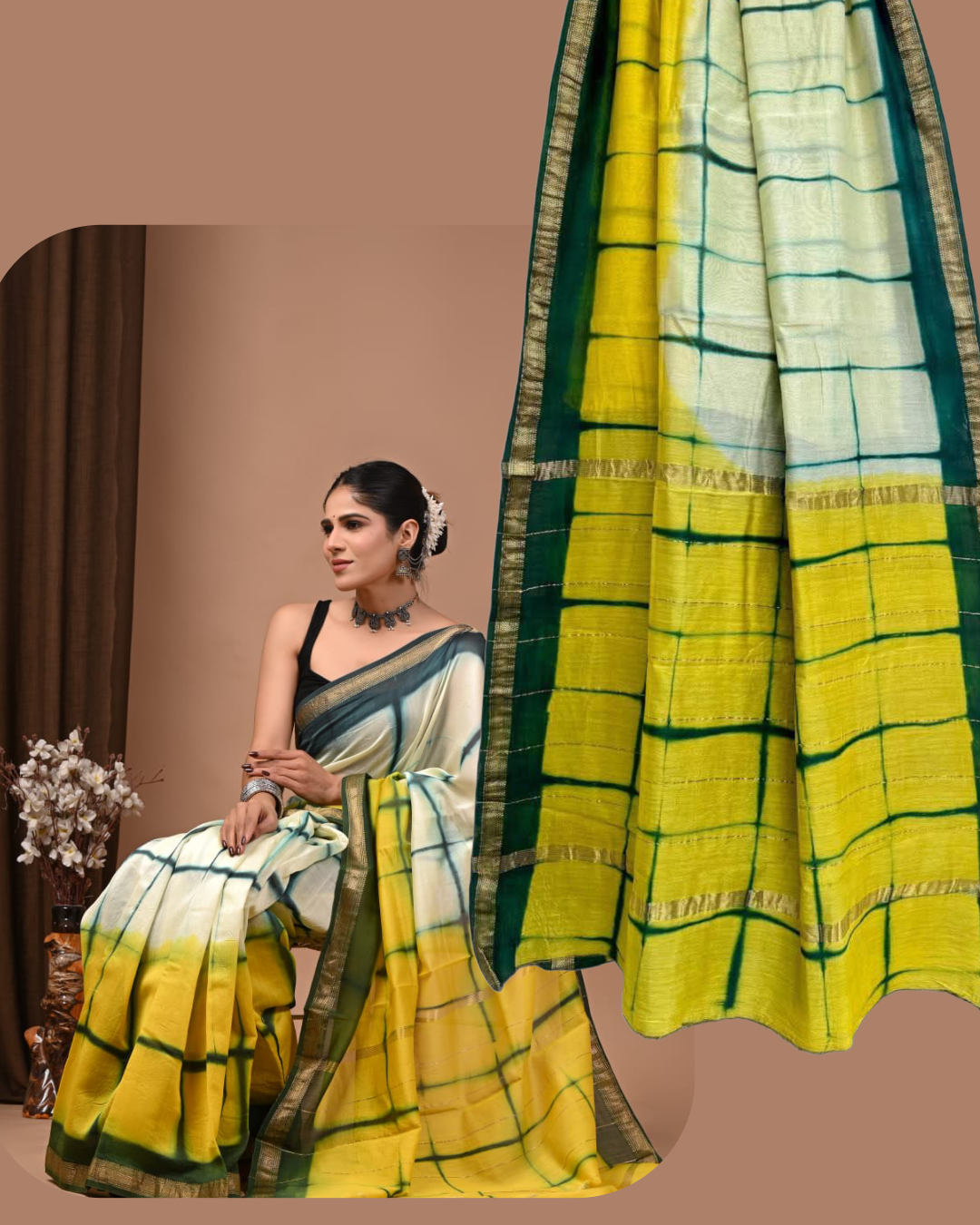 Handwoven Maheshwari Silk-Cotton Saree
Crafted in Maheshwar • Fall & Pico Done
Stitched Blouse Included • Blouse Stitching $30