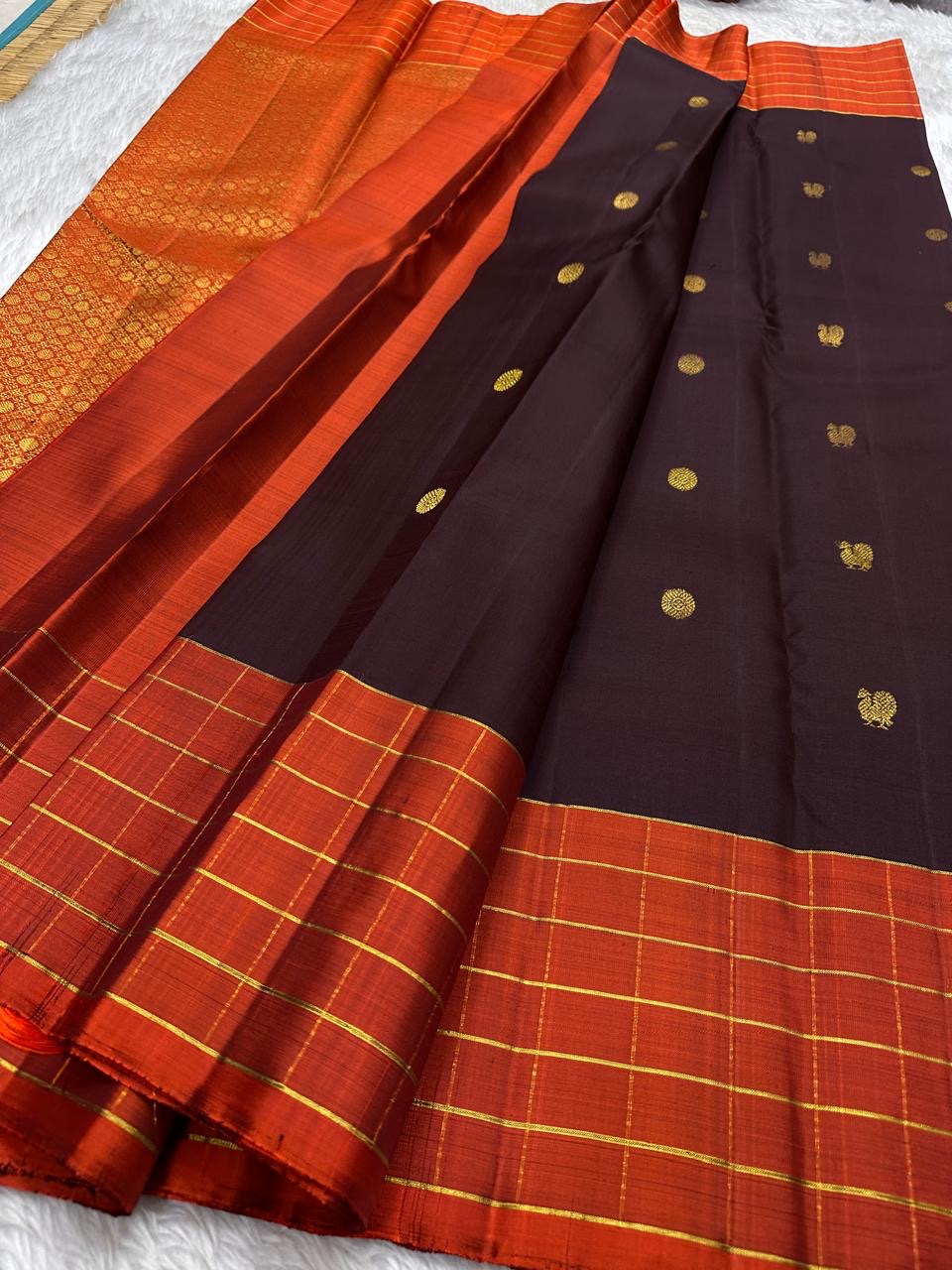 Coffee brown and orange pure silk Kanchipuram