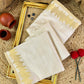 Minimal yet majestic, this ivory-beige silk saree is a celebration of simplicity and sophistication. The body is plain and luminous,  texture of the silk shines through. golden zari border with a sharp, zigzag temple-inspired pattern - perfect for Onam