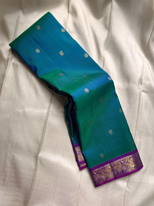 Purple and teal or peacock blue kili pure silk Kanchipuram