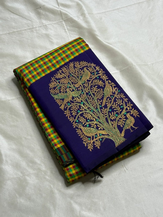 Vriksham ✨
Pure Kanchipuram Silk Saree in Multicolor Checks & Purple
kattam body in yellow, green, red & Rama blue
Royal purple border with zari Tree-of-Life & birds

Silk Mark Certified, delivery in 2 weeks