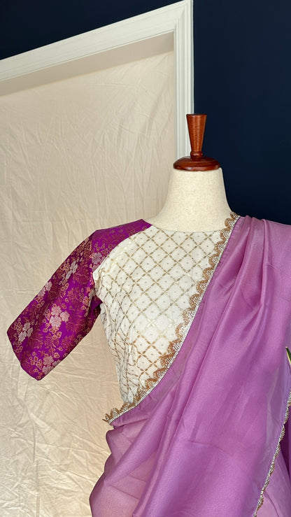 Pure banarasi silk blouse with pure tissue silk  saree - Cream and Lavender ( Rita series )