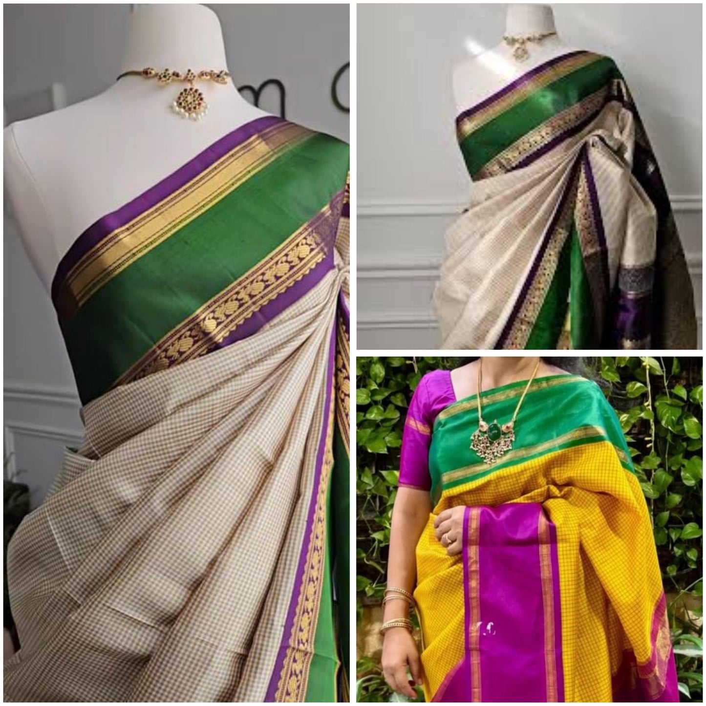 Sandal Emerald Kattam – Pure Kanchipuram Silk Saree
Micro Sandal & Ivory Checks with Korvai Emerald Green Border
Purple Selvedge with Zari Floral Detailing
Rich Purple Zari-Striped Pallu | l
Silk Mark Certified ✅ | ships in two weeks