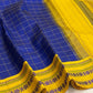 Wide border display of royal blue checked pure Kanchipuram silk saree with mustard yellow border bands, shipped from New Jersey USA