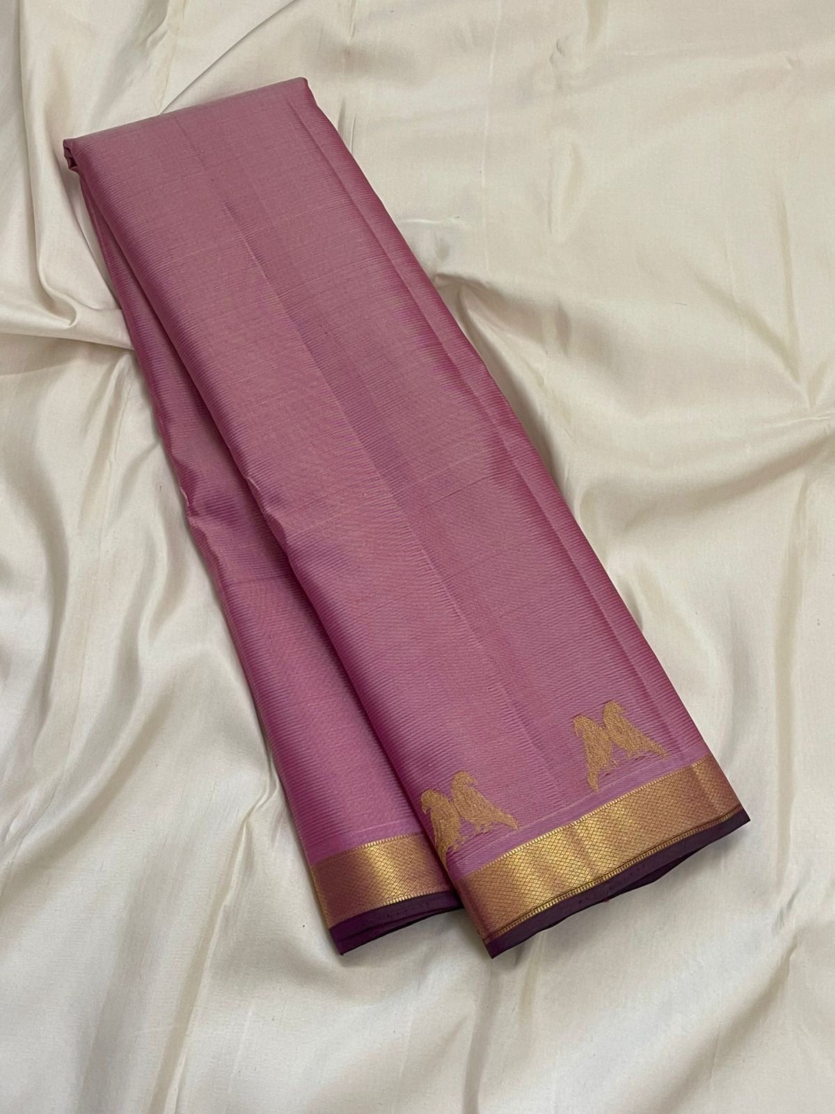 Pastel pink vairaoosi pure Kanchipuram silk saree with traditional gold zari border