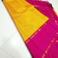 Swarna Kattam Ganga Jamuna — Pure Silk Kanchipuram Saree
Golden mustard kattam checks body • Dual korvai borders in rani pink & emerald green
Rich zari pallu with radiant festive sheen
Contrast emerald blouse with zari selai finish
Silk Mark Certified •