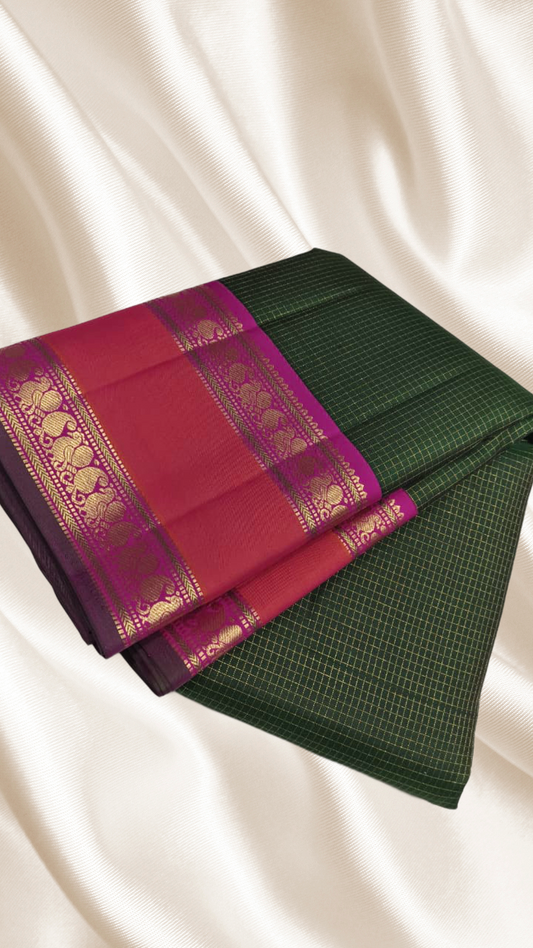 Bottle green Zari  kattam checks with magenta border rettapet in peach pink and peacock motif