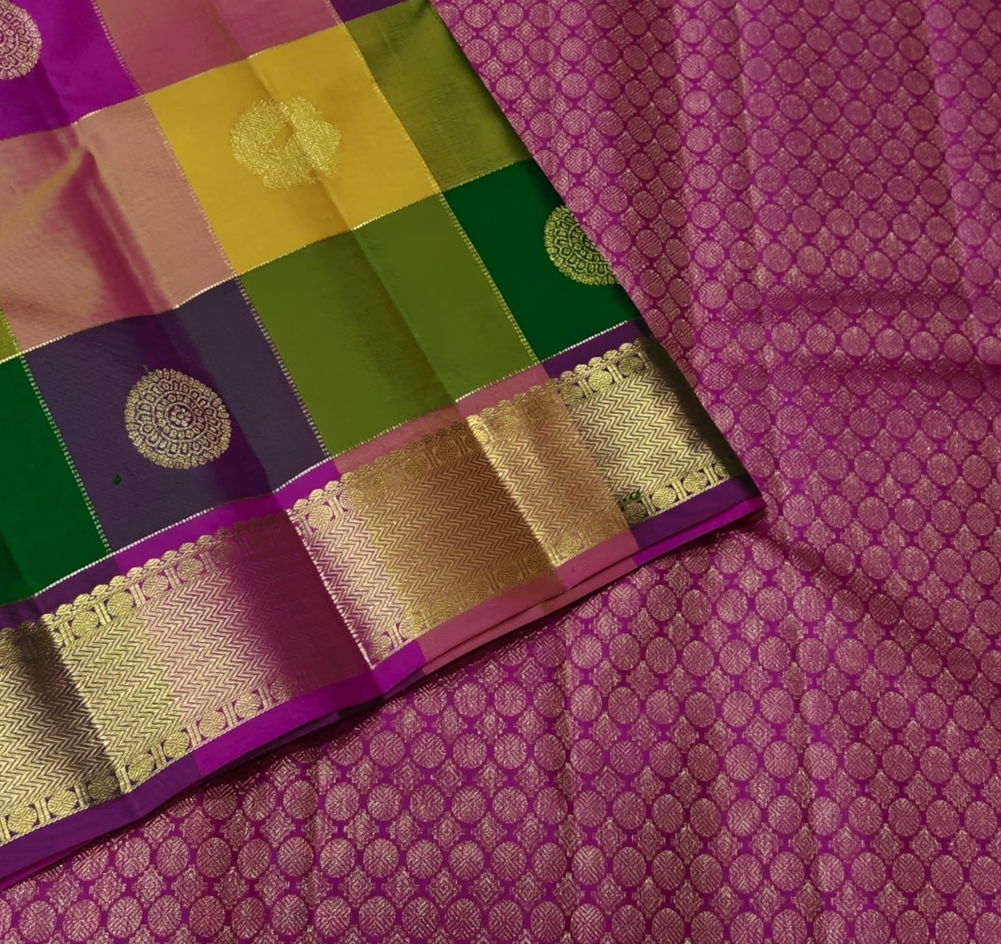 Navaratnam Paalum Palamum ✨ – Pure Kanchipuram Silk Saree
Multi-Color Kattam with Zari Mandala Buttas
Rani Magenta Korvai Border & Grand Zari Brocade Pallu
Contrast Rani Magenta Blouse with Matching Zari Border
Silk Mark Certified ✅ | Ships in 2 weeks