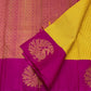 Kanakambari — Pure Kanchipuram Silk Saree (Haldi Yellow × Rani Magenta)
Vibrant haldi-yellow micro-checked body with antique zari peacock motifs on korvai magenta borders
Silk Mark Certified • Fall & Pico Done • Blouse Stitching Available ($30) • Free Shi