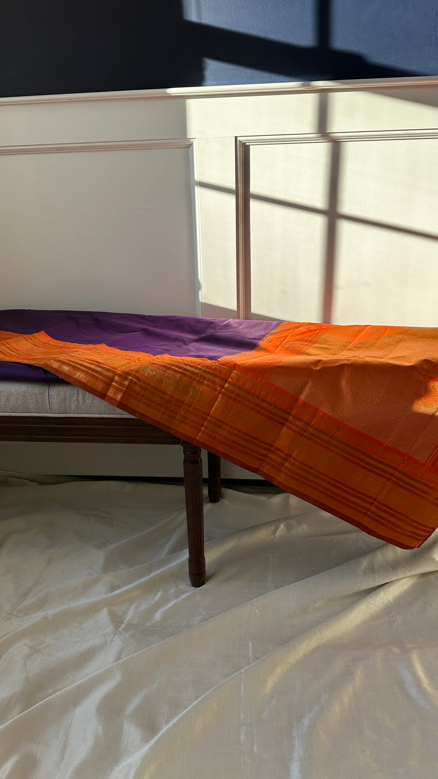 Pure silk Kanchipuram - silk mark - grape purple and tangerine orange