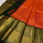 Gayatri ✨ – Fiery Orange Kanchipuram Pure Silk Saree
with All-Over Diamond Brocade & Paisley Buttas
Broad Bottle-Green Korvai Border in 3gms Pure Zari 🌿
Majestic Deep Green Pallu with Jaal & Vine Motifs
Silk mark zari certificate provided