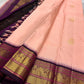 Mohana peach 🌸✨ – Graceful Peach Pure Kanchipuram Silk Saree with Handwoven Zari Peacocks 🦚, Deep Purple Peacock Border 💜🦚, Pillayar Moggu Detailing 🌺, & Intricately Woven Grid Zari Pallu 🎀💛