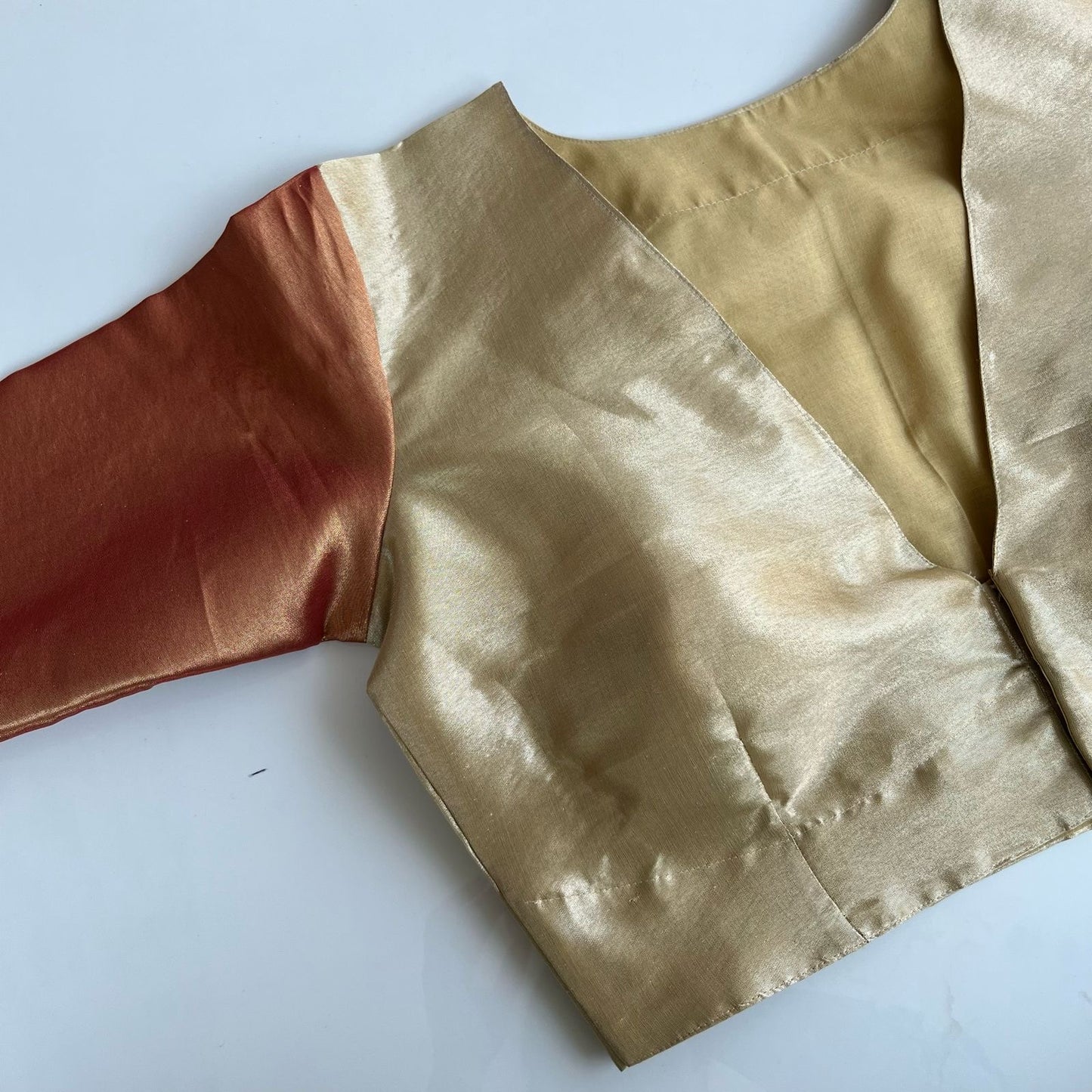 “Riva” Pure tissue silk blouse - gold with copper sleeves