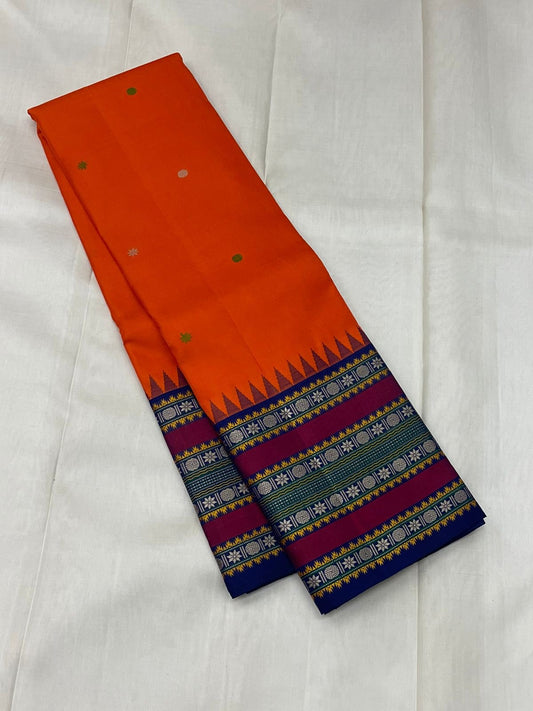 Orange Pillayar Moggu Varisaipet ✨ – Pure Kanchipuram Silk Saree with Temple Border & Varisaipet Stripe Pallu – Silk Mark Certified, Fall & Pico Done, Blouse Stitching Available, free shipping, silk mark certified, ships in two weeks
