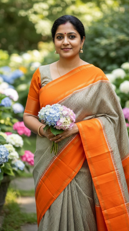 Rust Kattam Korvai – Pure Silk Kanchipuram Saree
Olive–Ivory Micro-Checks Body with Korvai Join
Rust Orange Border
Rust Orange Pallu pillayar Reku
Comes with Matching Rust Orange Blouse Piece with Zari Border silk mark certified - ships in 2 weeks