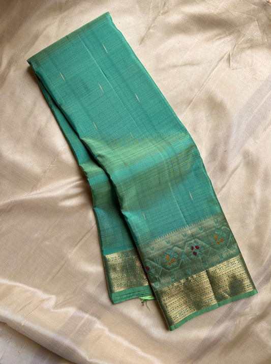 Vibha pastel sage green  Pure Kanchipuram Silk Saree Blending the Grandeur of South Indian Weaving with Paithani-Inspired Floral Zari Borders and a Lustrous Rose Gold zari Pallu