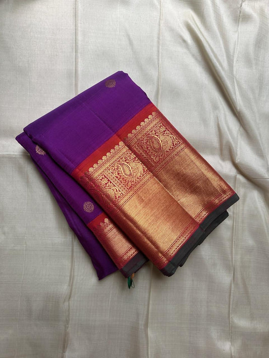 Mayuri -Purple Coral Pure Silk Kanchipuram Saree with Kamalam Buttas, Red-Orange Mayil Border & Exquisite Vanasringaram Zari Pallu