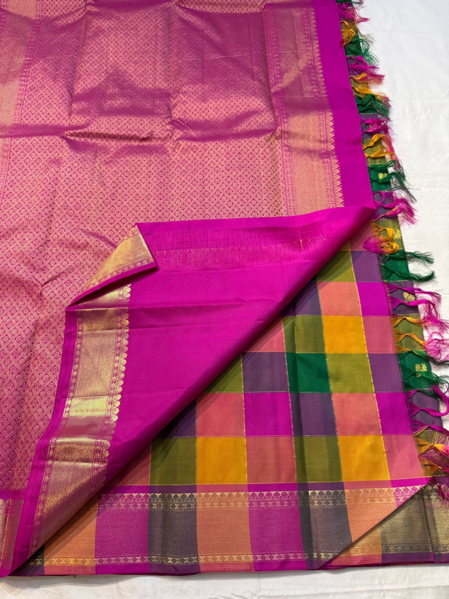 Paalum Pazhamum Petite Butta — Korvai Kattam
Magenta Borders • Petite Zari Buttas • Brocade Pallu
Silk Mark • Free USA Shipping • Ships in Two Weeks