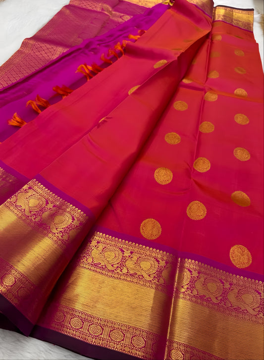 Sowmya – Fuchsia & Magenta Kanchipuram Pure Silk Saree with Sorgavasal Mayil Motifs, Baavanji Border & Maroon Selvedge