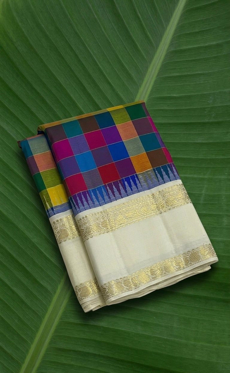 Kanchipuram Silk Saree • Kanchi Kattam Weave • Ivory Cream with Multicolor Checks