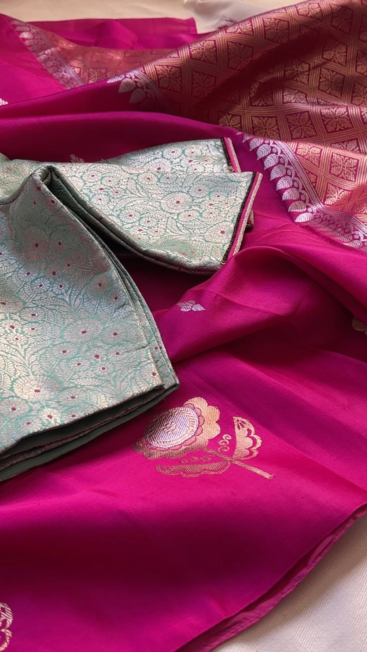 Pale green pink butta banarasi meenakari blouse in pure silk with embroidered sleeves