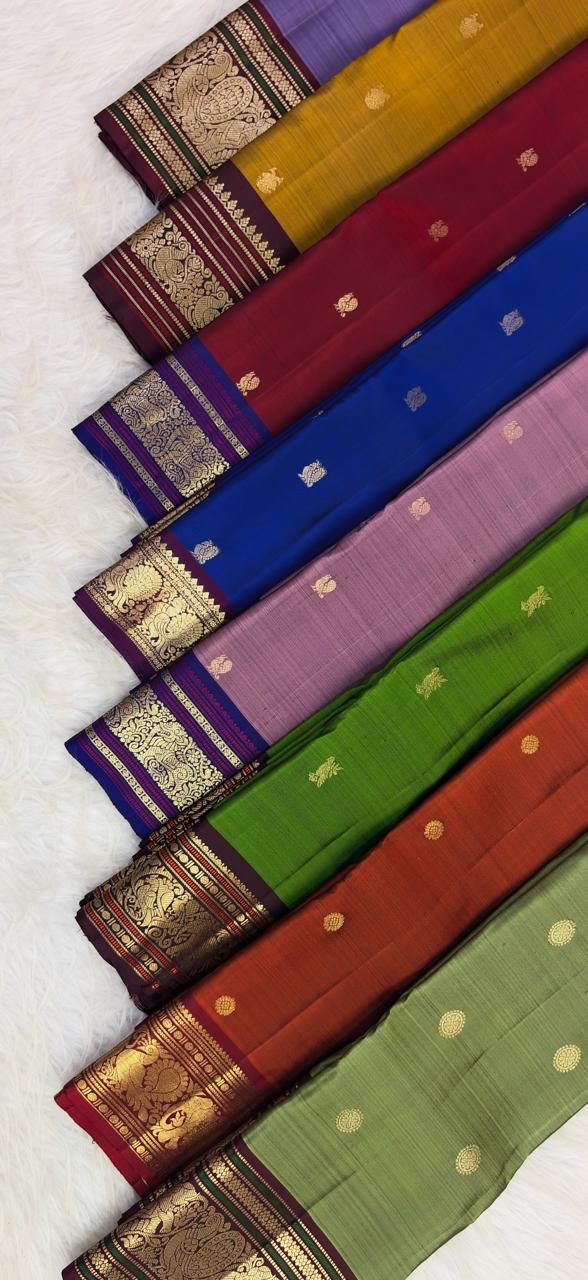 Arakku Red Pure Silk Kancheepuram Peacock Butta Saree with Indigo Violet Border – view 6