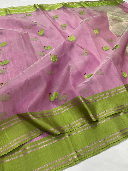 Pure Silk Chanderi Saree with Mayil Butta Motifs and Classic Gold Zari Border