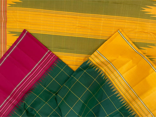 Vasantha Oli Kattam — Pure Silk Kanchipuram
Radiant mustard-yellow body with parrot-green kattam checks 🌿
Temple korvai borders & raspberry-pink contrast pallu ✨
Lightweight festive handloom weave with gold zari accents 💫
Silk Mark Certified • Free Ship