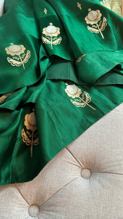 Pure silk kaduva Benares sarees “Raw mango” style - Forest green