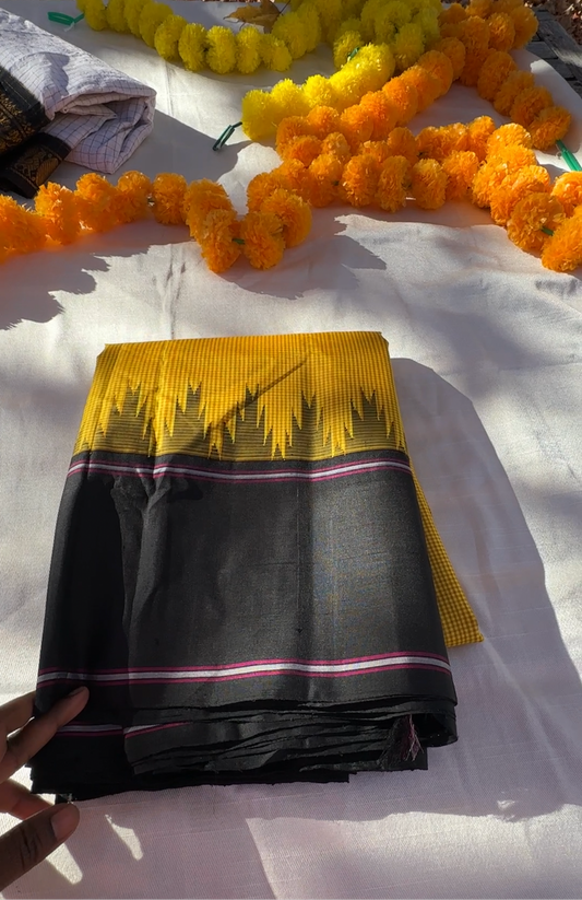 Ravina – Yellow & Biscuit Brown Checked Pure Kanchipuram Silk Saree with Striking Black Border, Handwoven in Kanchipuram (Silk Mark Certified)