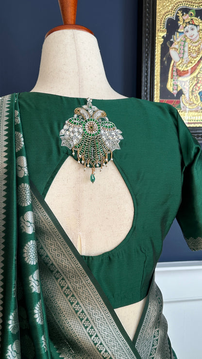 Green silver and gold Saree with peacock motif embroidery embellished with temple jewelry style stone work