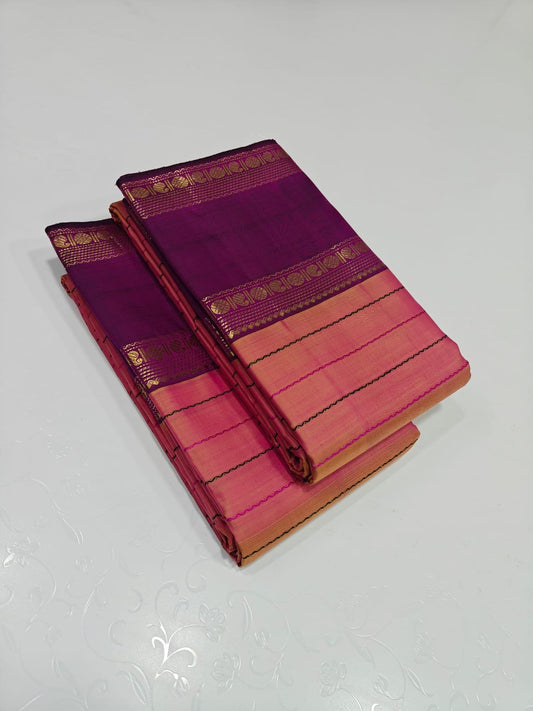 Shanmugapriya – Pure Kanchipuram Silk Saree
Plum Body with Veldhari Silk Thread Lines ✨
Contrast Korvai Borders with Gold Zari Motifs
Grand Zari Brocade Pallu with Traditional Detailing
Silk Mark Certified | Blouse Piece Included | ships in two weeks