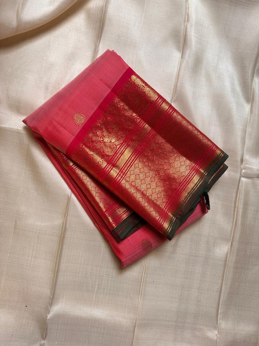 Lotus pink kamalam peacock butta  peacock motif   border and green selvedge pure silk Kanchipuram saree