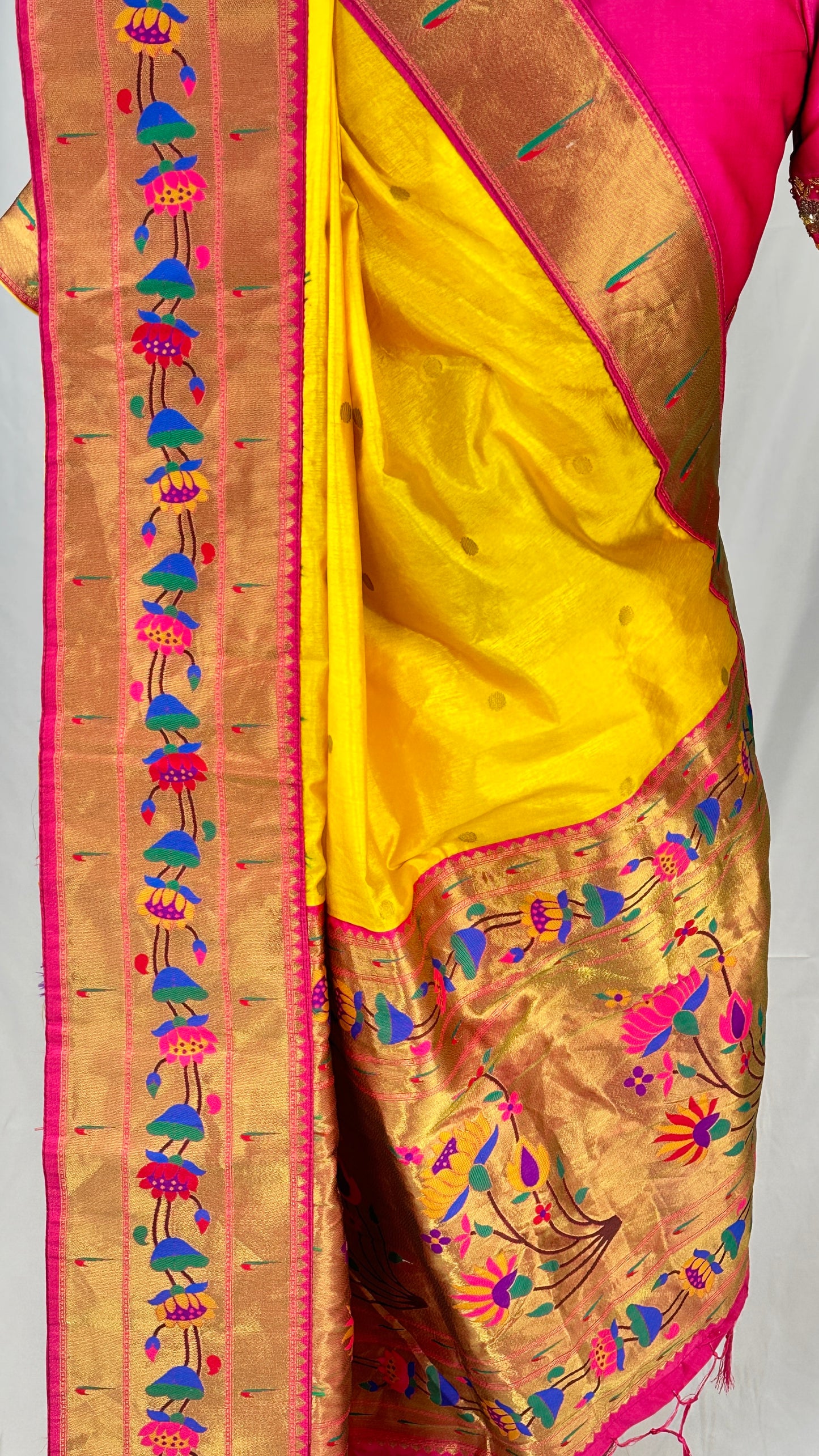 Paithani soft silk saree and embroidered blouse - Yellow and Pink