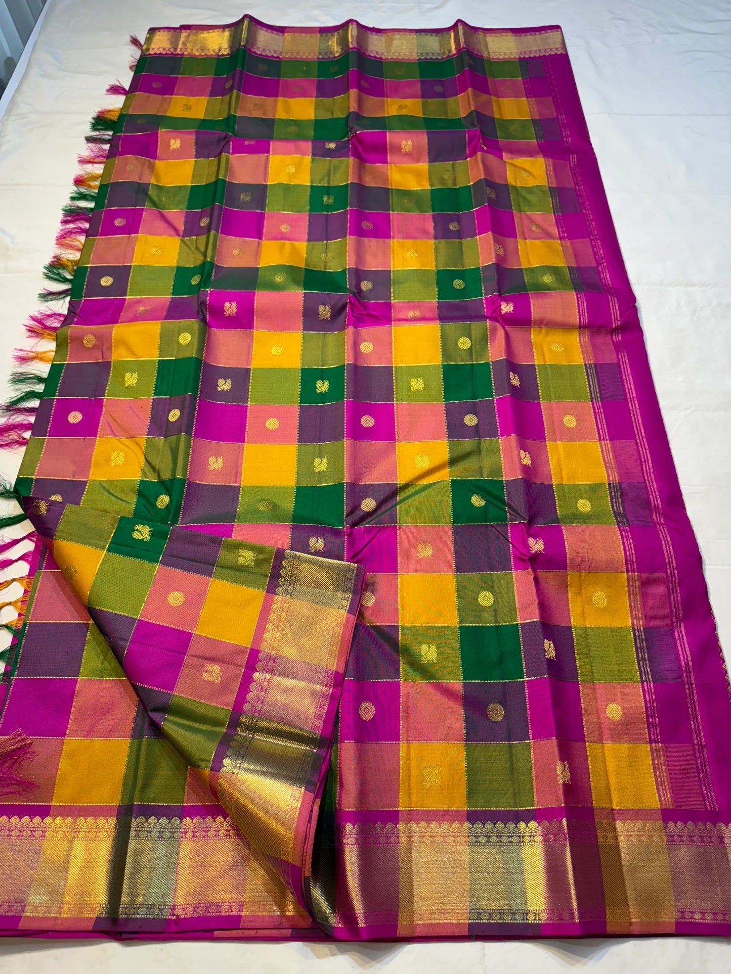Paalum Pazhamum Petite Butta — Korvai Kattam
Magenta Borders • Petite Zari Buttas • Brocade Pallu
Silk Mark • Free USA Shipping • Ships in Two Weeks