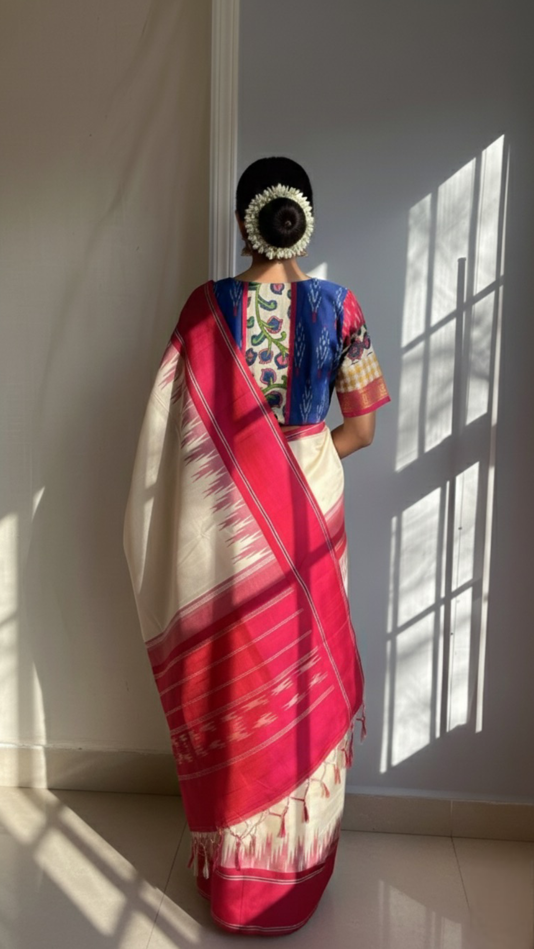 "Charu" collection - Ikat, kalamkari kasavu with zari border blouse