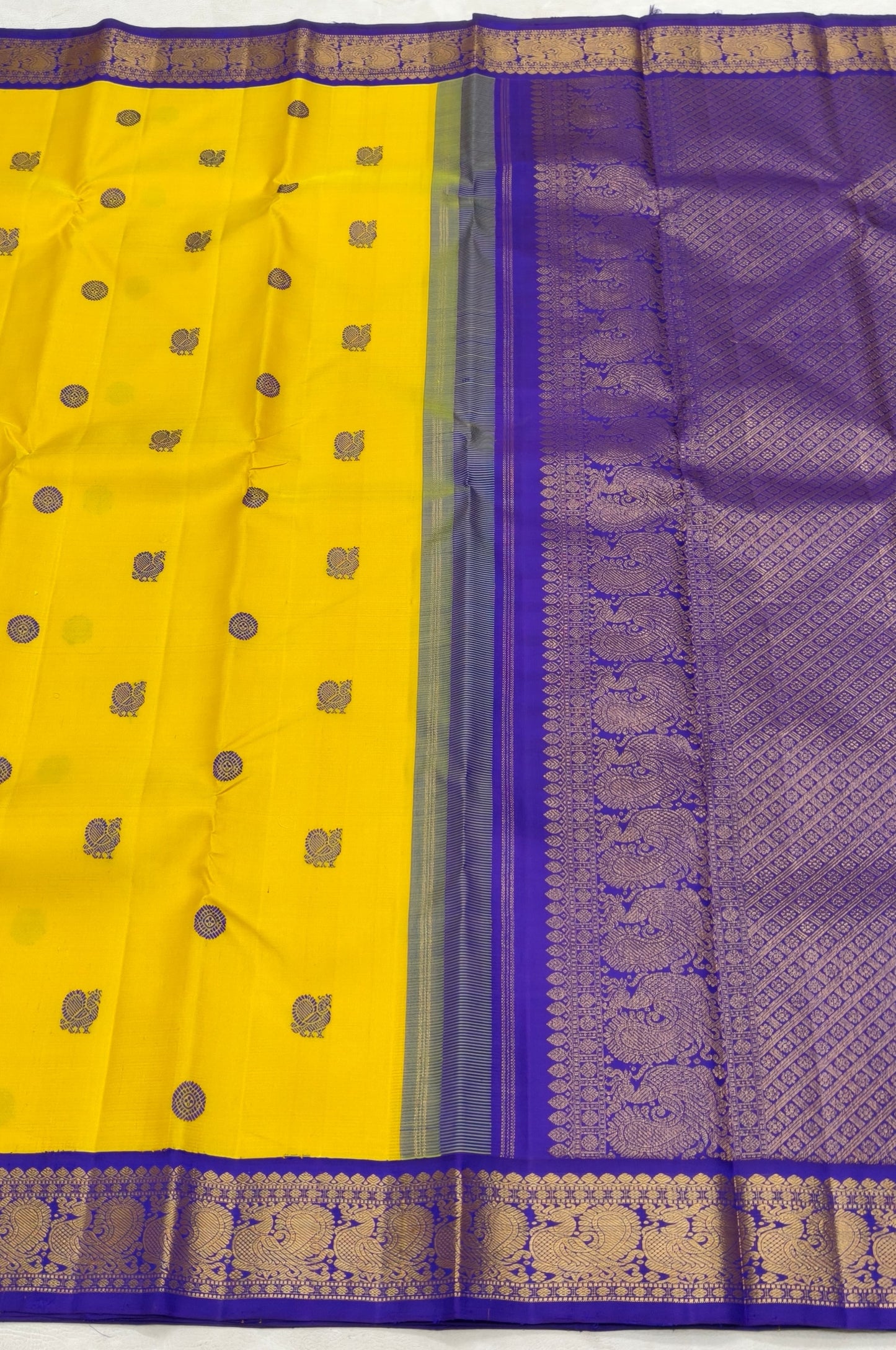 Sunflower Yellow and Royal Violet Handwoven Pure Silk Kanjeevaram Saree with Silk Thread Mayil Chakram Butta