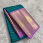 Peacock Teal pure silk Kancheepuram saree, Korvai weave with Royal Purple Zari border — folded view