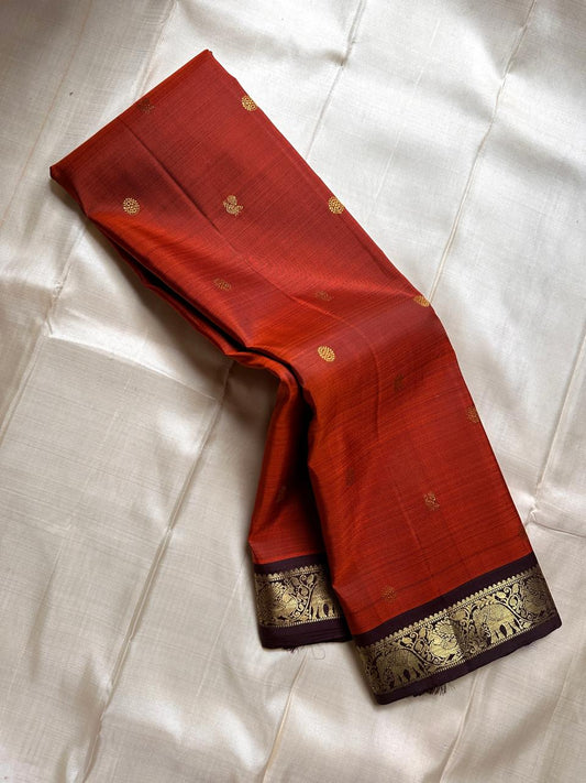 Rust  golden brown with deep coffee brown   parrot motif  kili pure silk Kanchipuram