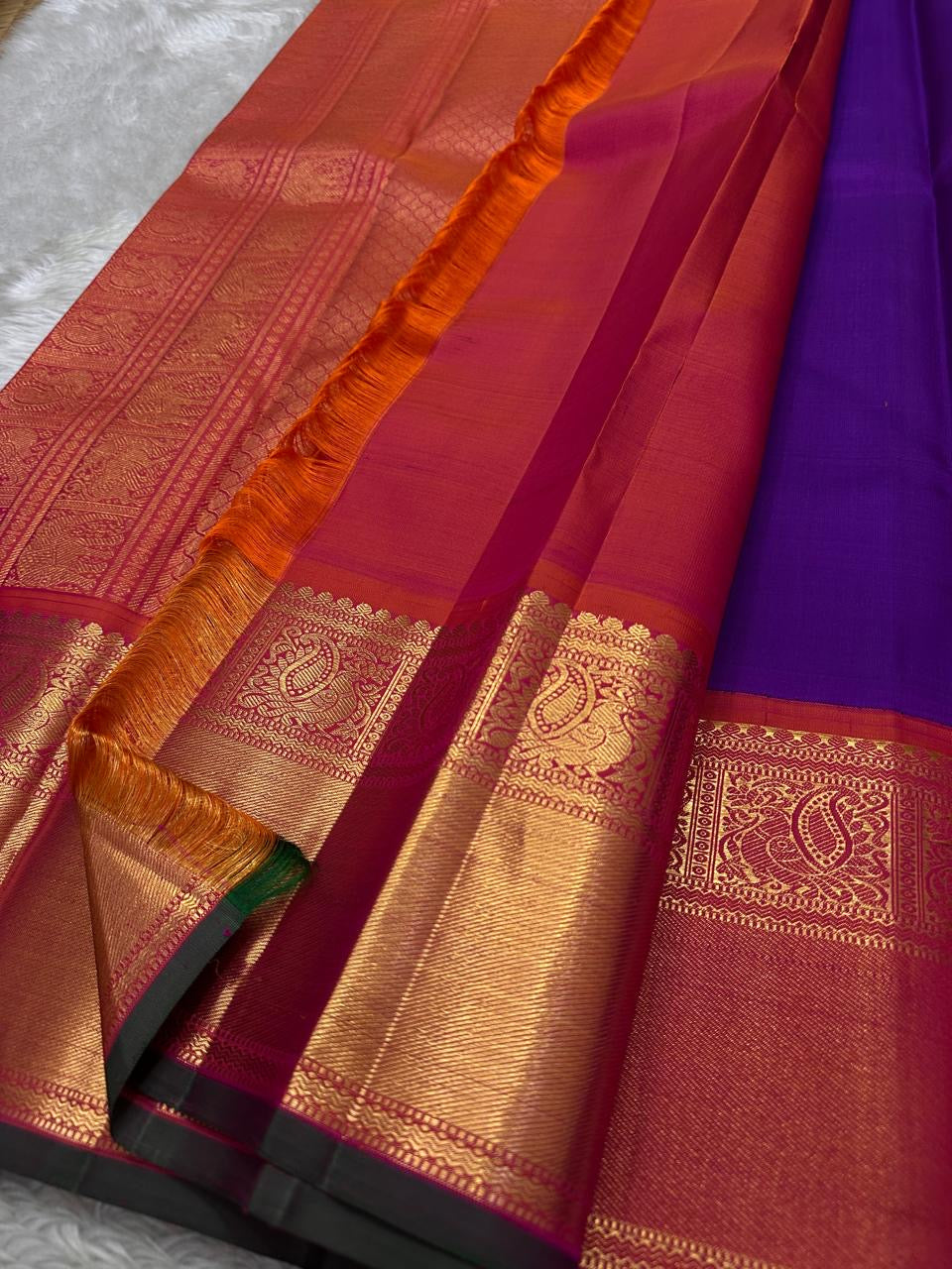 Mayuri -Purple Coral Pure Silk Kanchipuram Saree with Kamalam Buttas, Red-Orange Mayil Border & Exquisite Vanasringaram Zari Pallu