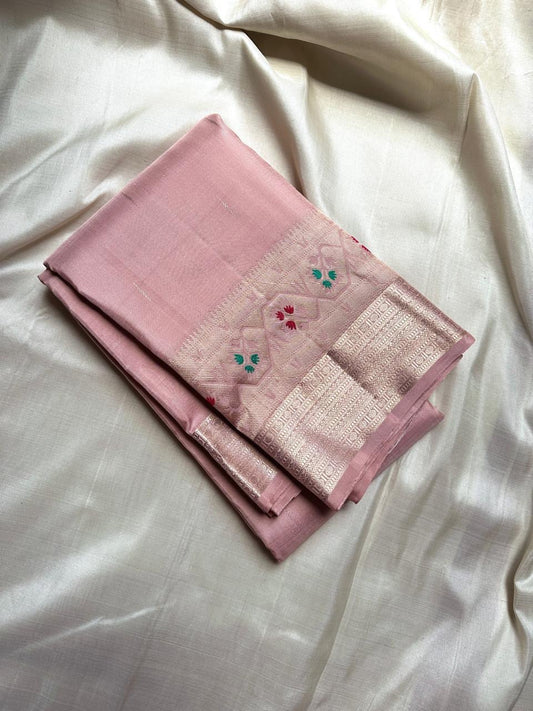 Vibha pastel pink   Pure Kanchipuram Silk Saree Blending the Grandeur of South Indian Weaving with Paithani-Inspired Floral Zari Borders and a Lustrous Rose Gold zari Pallu