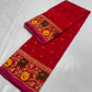 Vermilion Red Pattu Silk Chanderi saree with gold vine floral border and Rani Pink edge detailing
