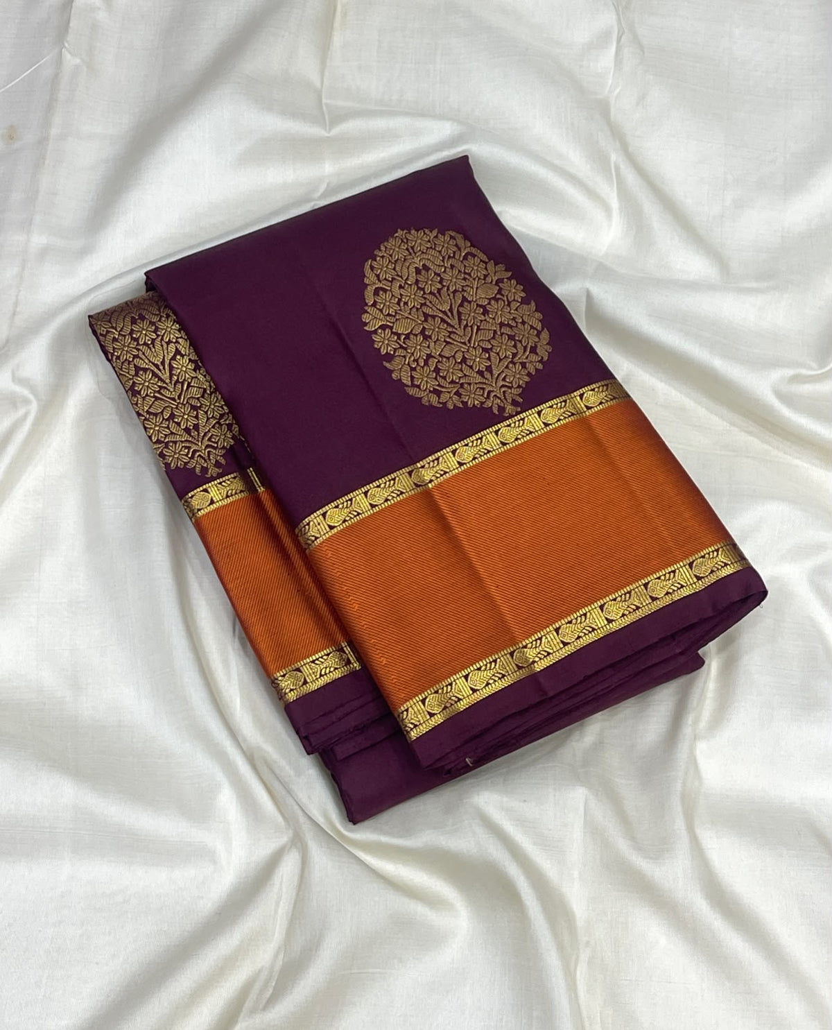Pure silk Kanchi Pattu Butta saree in aubergine and burnished orange, Silk Mark certified
