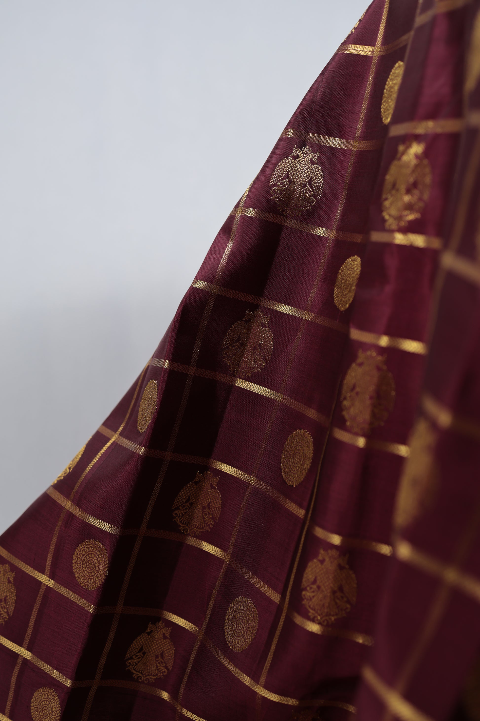 Wine plum Kanchipuram silk saree with antique gold zari kattam checks close detail folded view