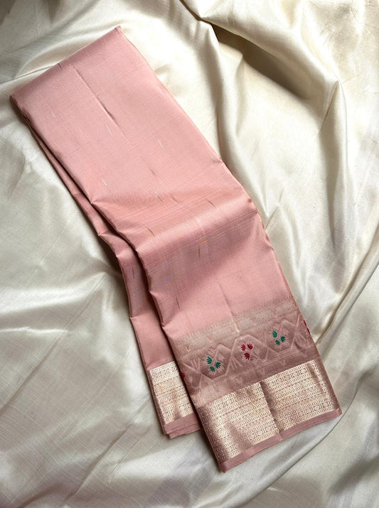 Vibha pastel pink   Pure Kanchipuram Silk Saree Blending the Grandeur of South Indian Weaving with Paithani-Inspired Floral Zari Borders and a Lustrous Rose Gold zari Pallu