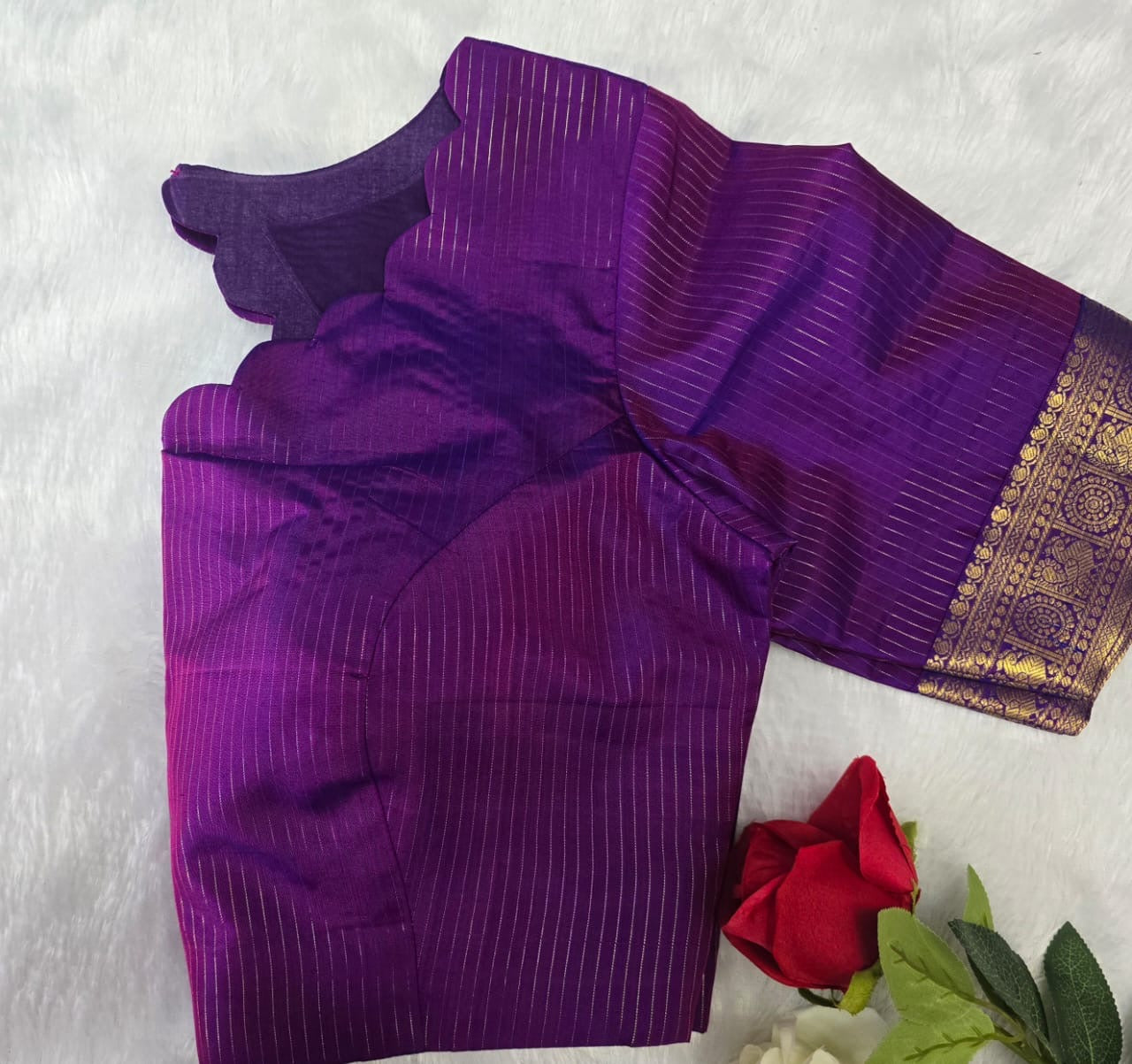 Nemaya – Green-Blue Shot Pure Silk Kanchipuram Saree with Peacock Zari Kattam & peacock with kamalam on  Border in purple . Ornate grid zari Pallu on purple comes with fully stitched padded blouse