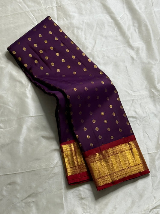 Sindhu – Royal Purple Kanchipuram Pure Silk Saree with Gold Zari Floral Buttas, Crimson Rettapet Border & Ornate Pallu