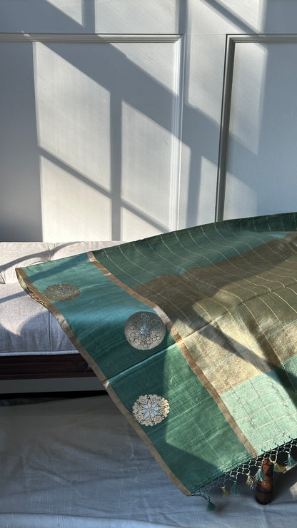 Pure silk kaduva Benares sarees “Raw mango” style - pastel green checked