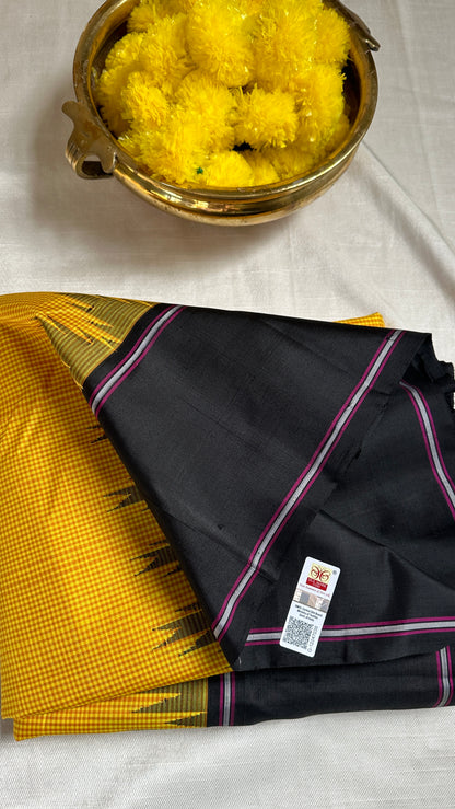 Pure Kanchipuram silk kattams no zari style saree - silk mark- yellow kattam with black