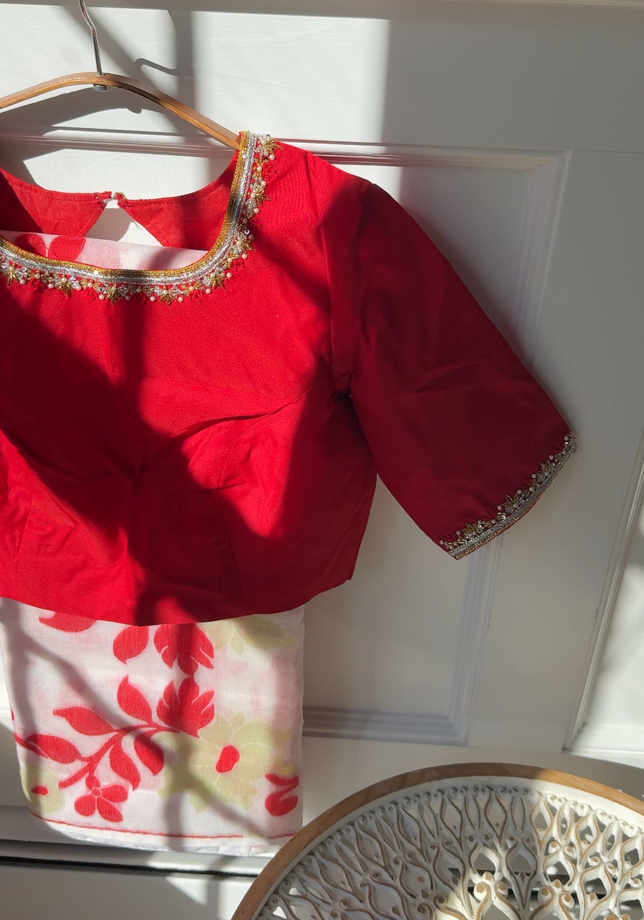 Red & White Jamdhani Muslin Silk Saree
with Hand-Embroidered Pure Silk Cotton Blouse- custom blouse made to your measurements 
Free Shipping within USA • Ships in 3 Weeks •